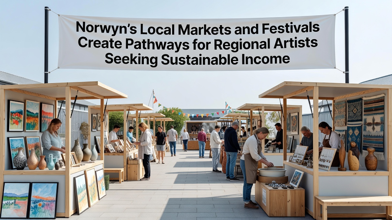 Festival crowd gathered around artisan booths at dusk with string lights and displayed artwork